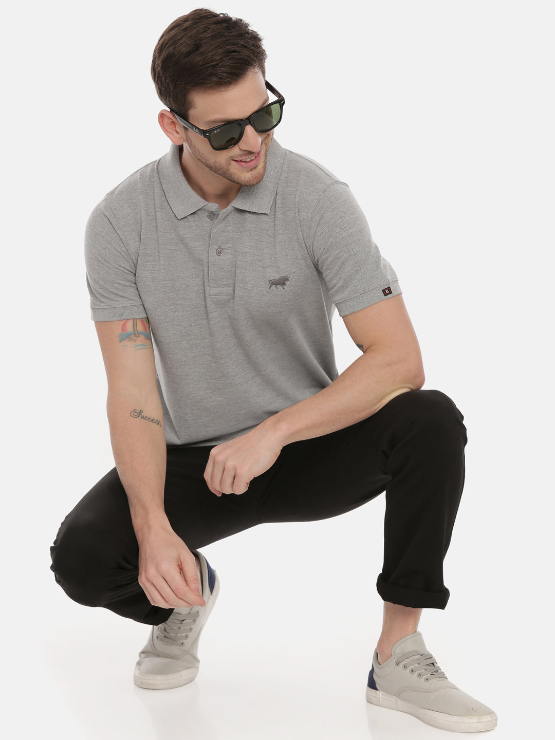 Grey Mélange Polo Neck T-Shirt Polo Tees Bushirt