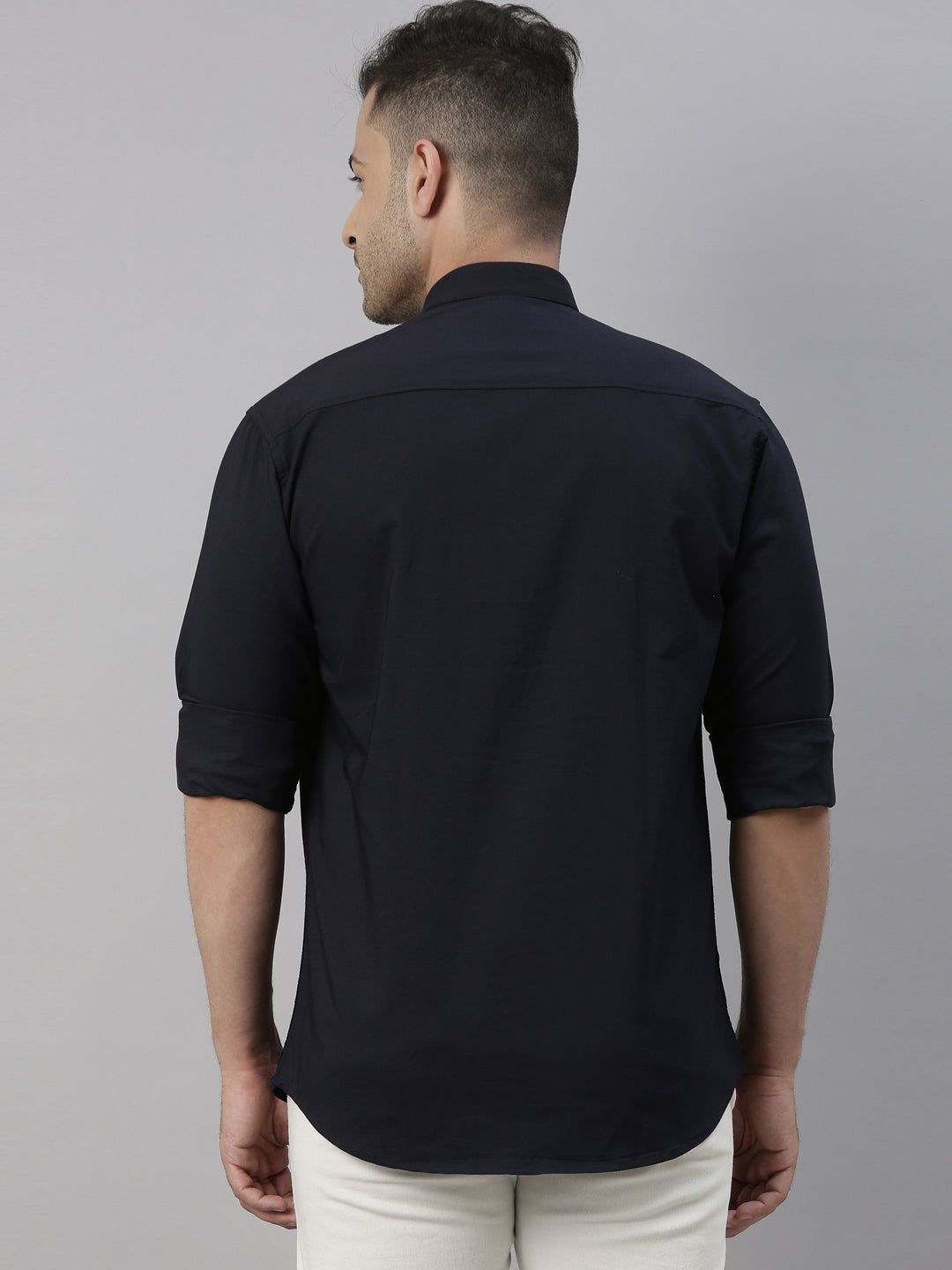 Navy Blue Chinese Collar Casual Shirt Solid Shirt Bushirt