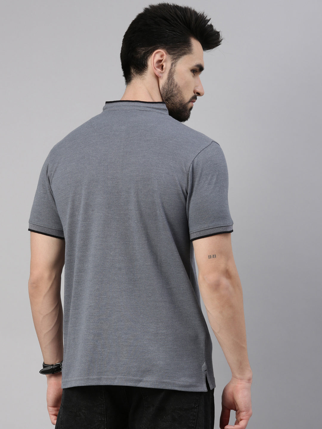 Grey Mélange Chinese Collar Polo T-Shirt Polo Tees Bushirt