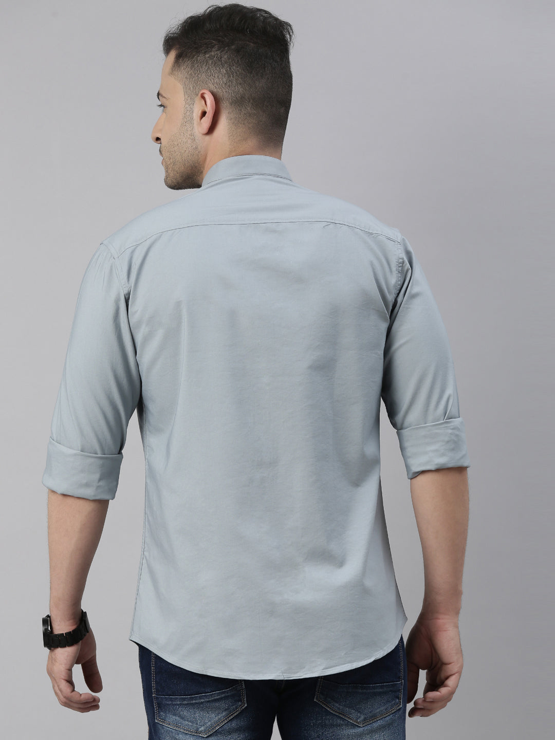 Steel Blue Chinese Collar Casual Shirt Solid Shirt Bushirt