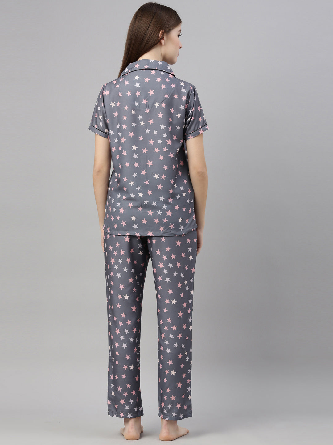 Stars Grey Pink Women's Night Suits Women's Night Suit Bushirt