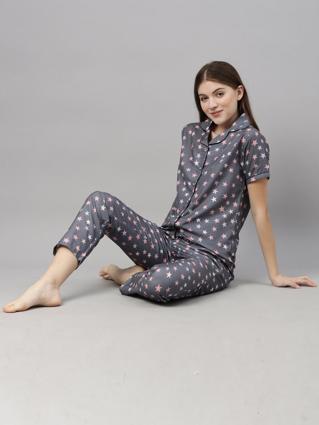 Stars Grey Pink Women's Night Suits Women's Night Suit Bushirt