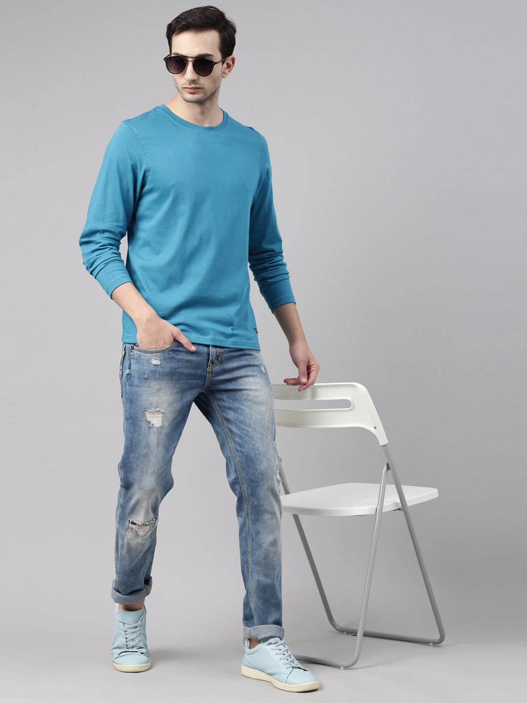 Teal Blue Solid Full Sleeves T-Shirt Full Sleeves Bushirt