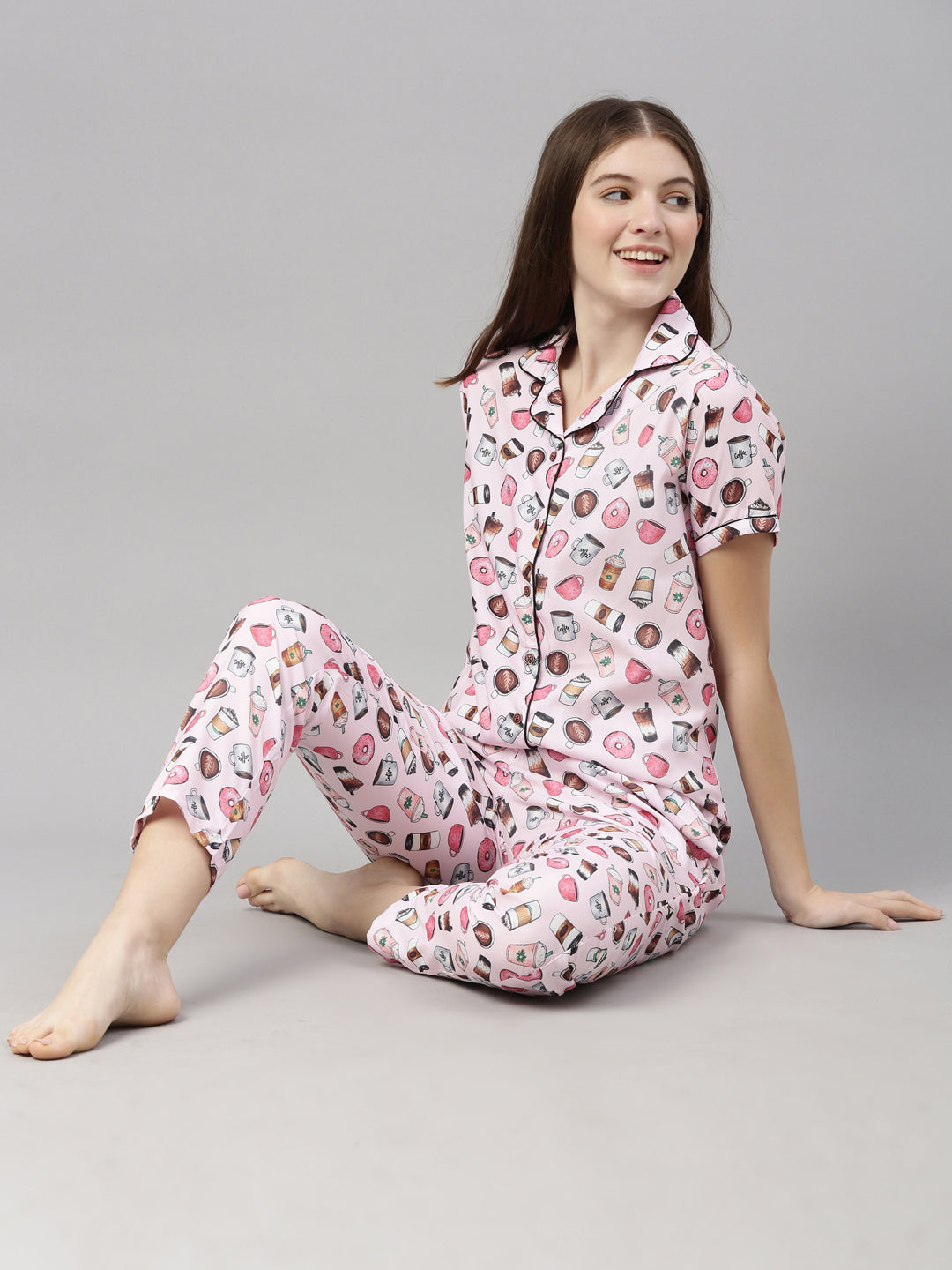 Doughnuts Light Pink Women's Night Suits Women's Night Suit Bushirt