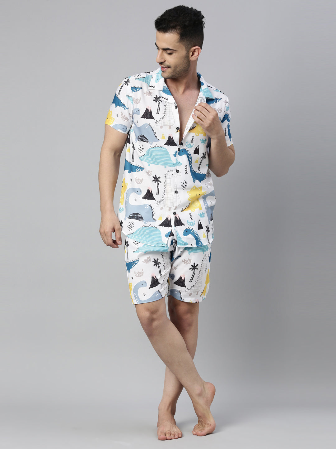 Cartoon Dino Blue White Co-Ords Co-Ords Bushirt
