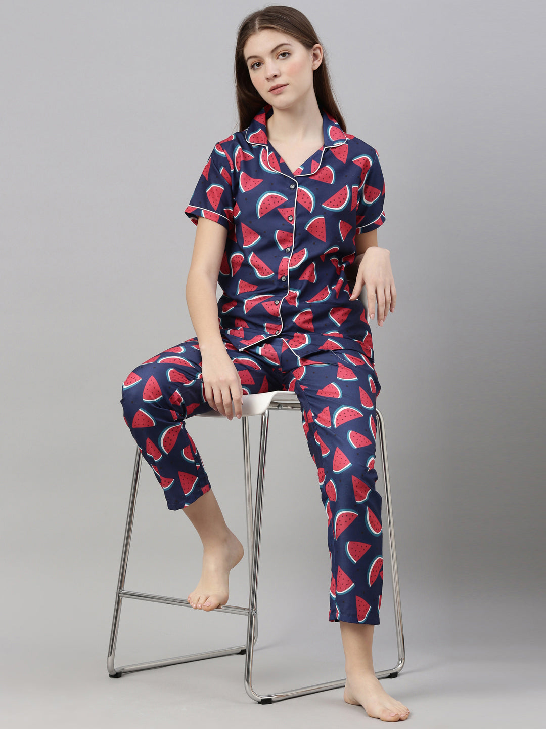 Water Melon Blue Women's Night Suits Bushirt