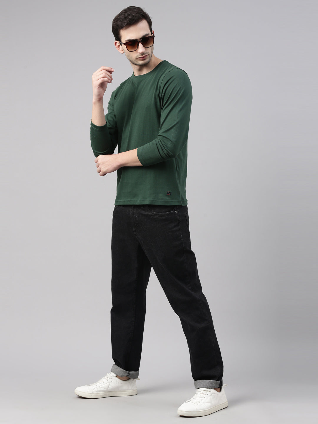 Bottle Green Solid Full Sleeves T-Shirt Full Sleeves Bushirt