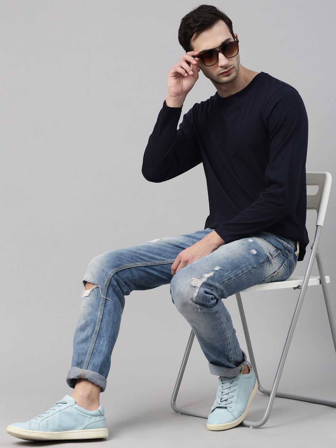 Navy Blue Solid Full Sleeves T-Shirt Full Sleeves Bushirt