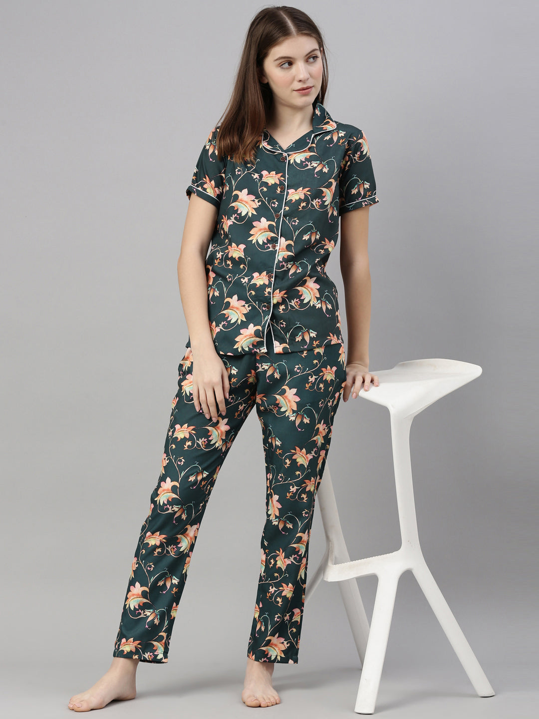 Floral Green Women's Night Suits Women's Night Suit Bushirt