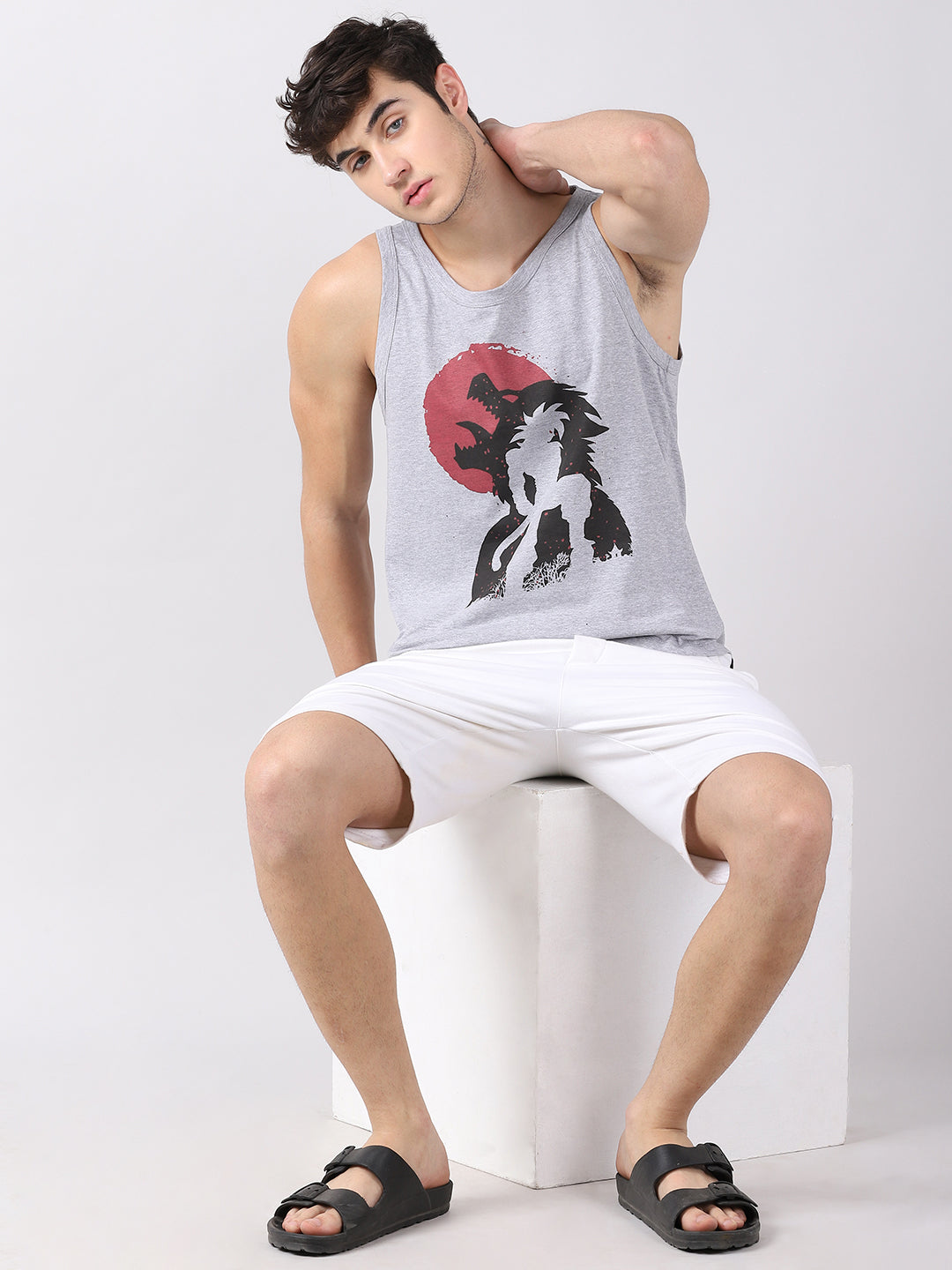 Dark Grey Anime Sleeveless T-Shirt Vest Bushirt