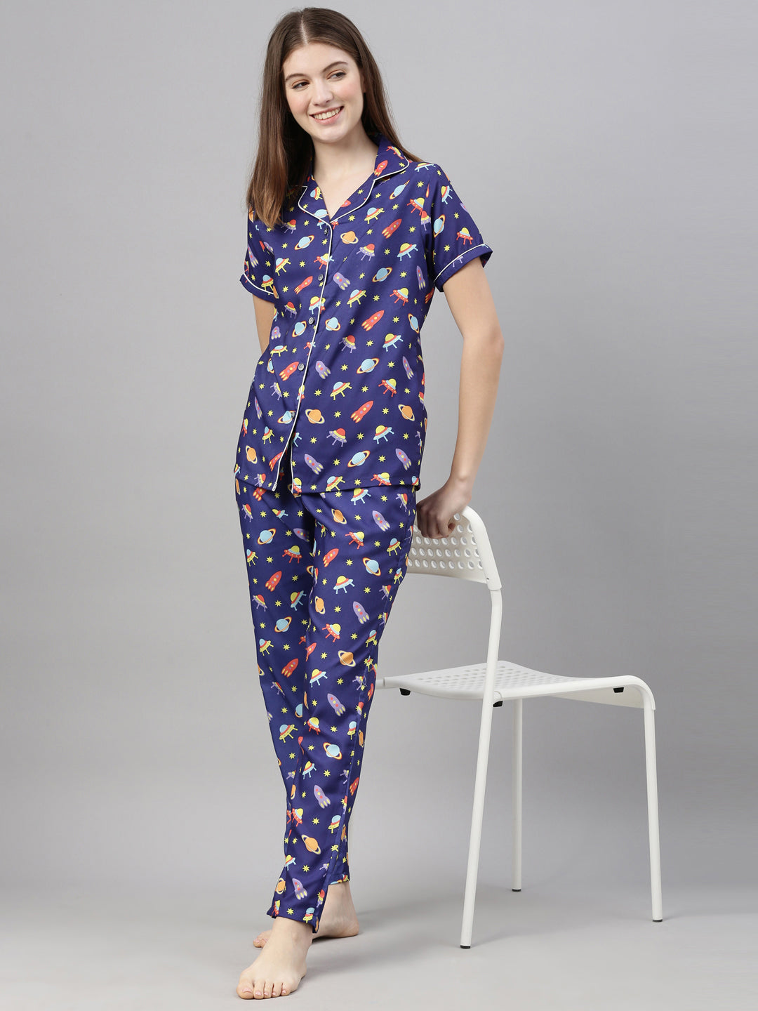 Space Royal Blue Women's Night Suits Women's Night Suit Bushirt