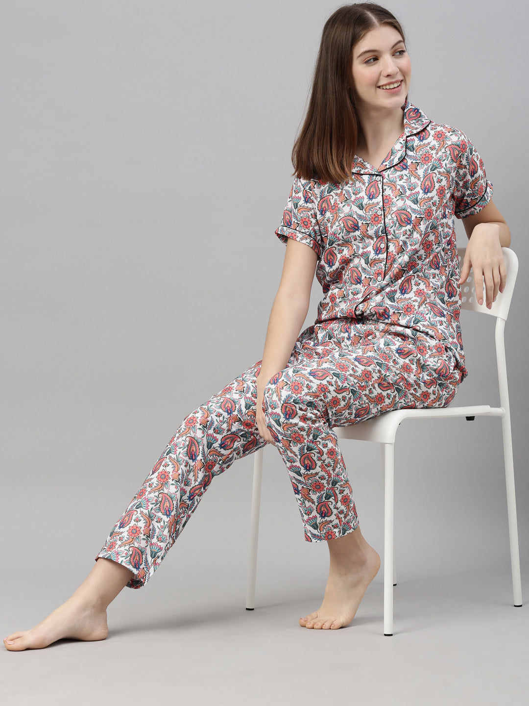 Kalamkari White Women's Night Suit Women's Night Suit Bushirt