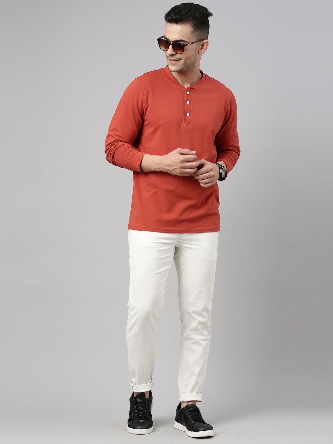 Rust Full Sleeves Henley T Shirt Full Sleeves Bushirt
