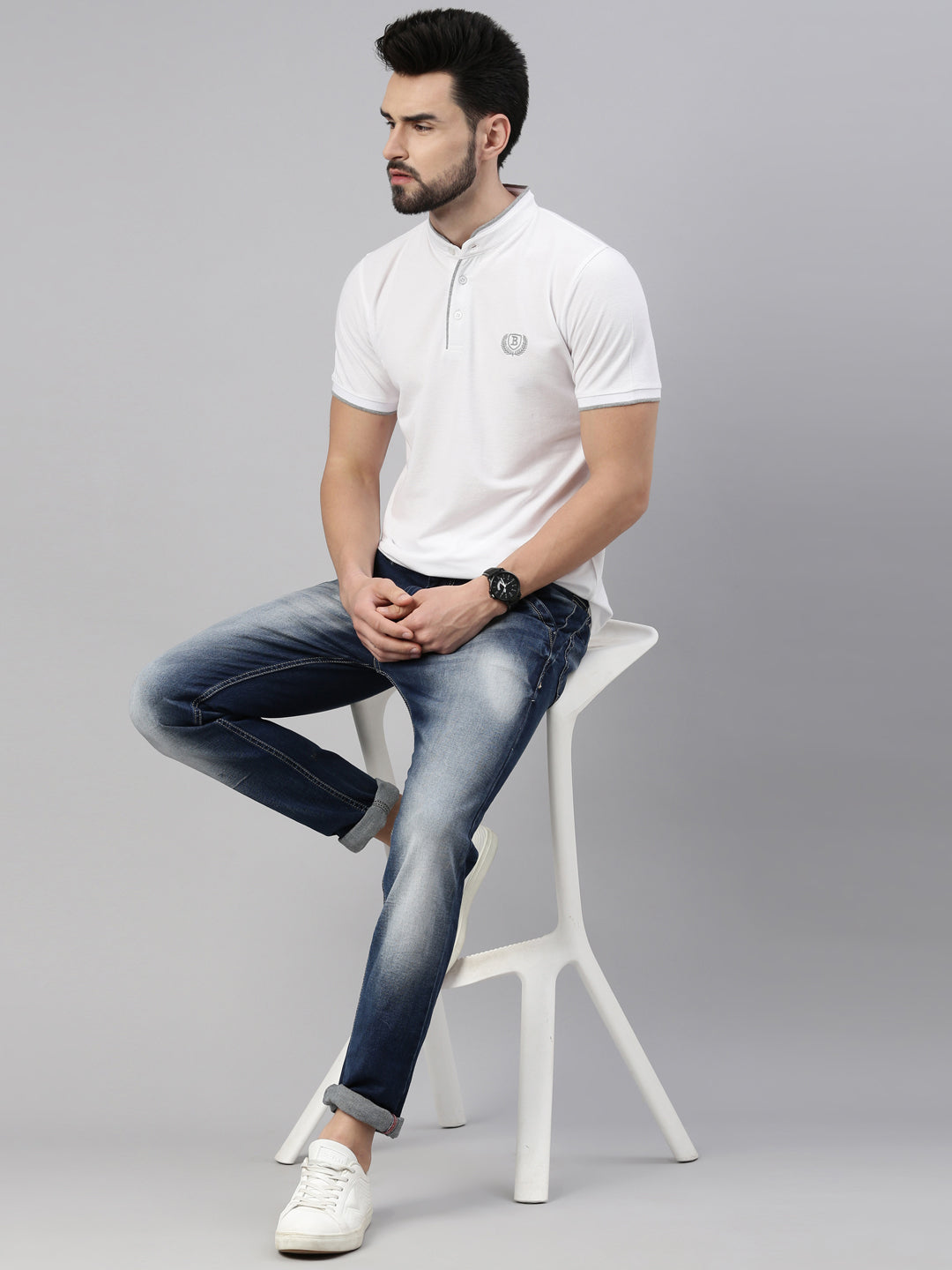 White Chinese Collar polo T-Shirt Polo Tees Bushirt