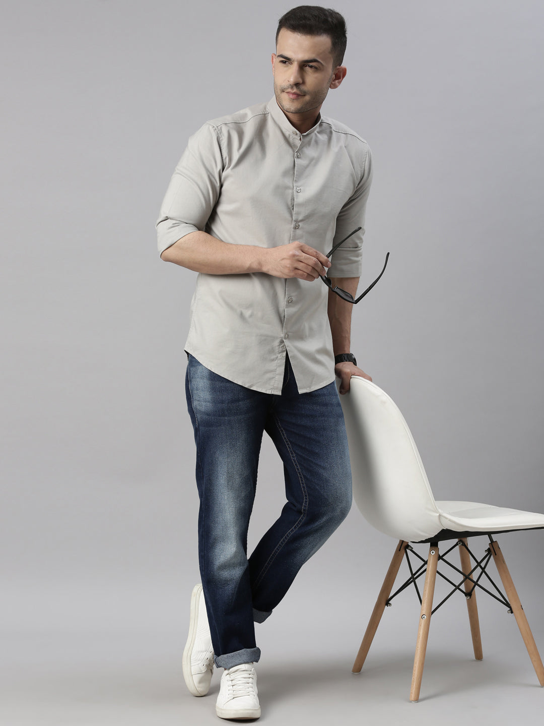 Squireel Grey Chinese Collar Casual Shirt Solid Shirt Bushirt
