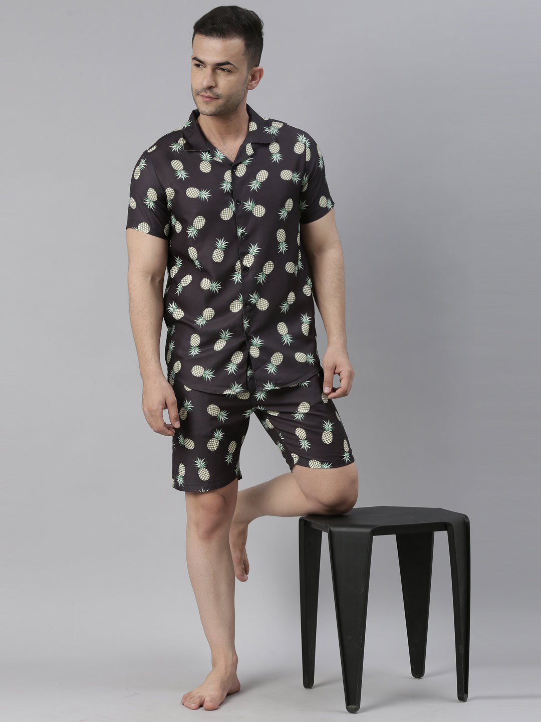 Tropical Pineapple Black Night Suits Co-Ords Bushirt   