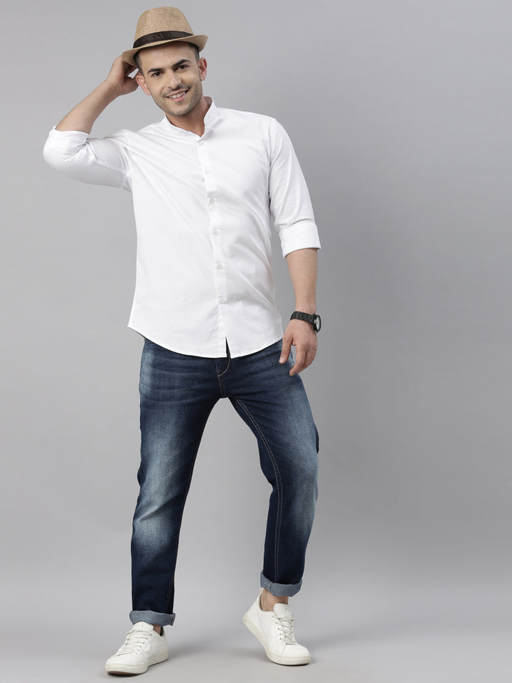 White Chinese Collar Casual Shirt Solid Shirt Bushirt   