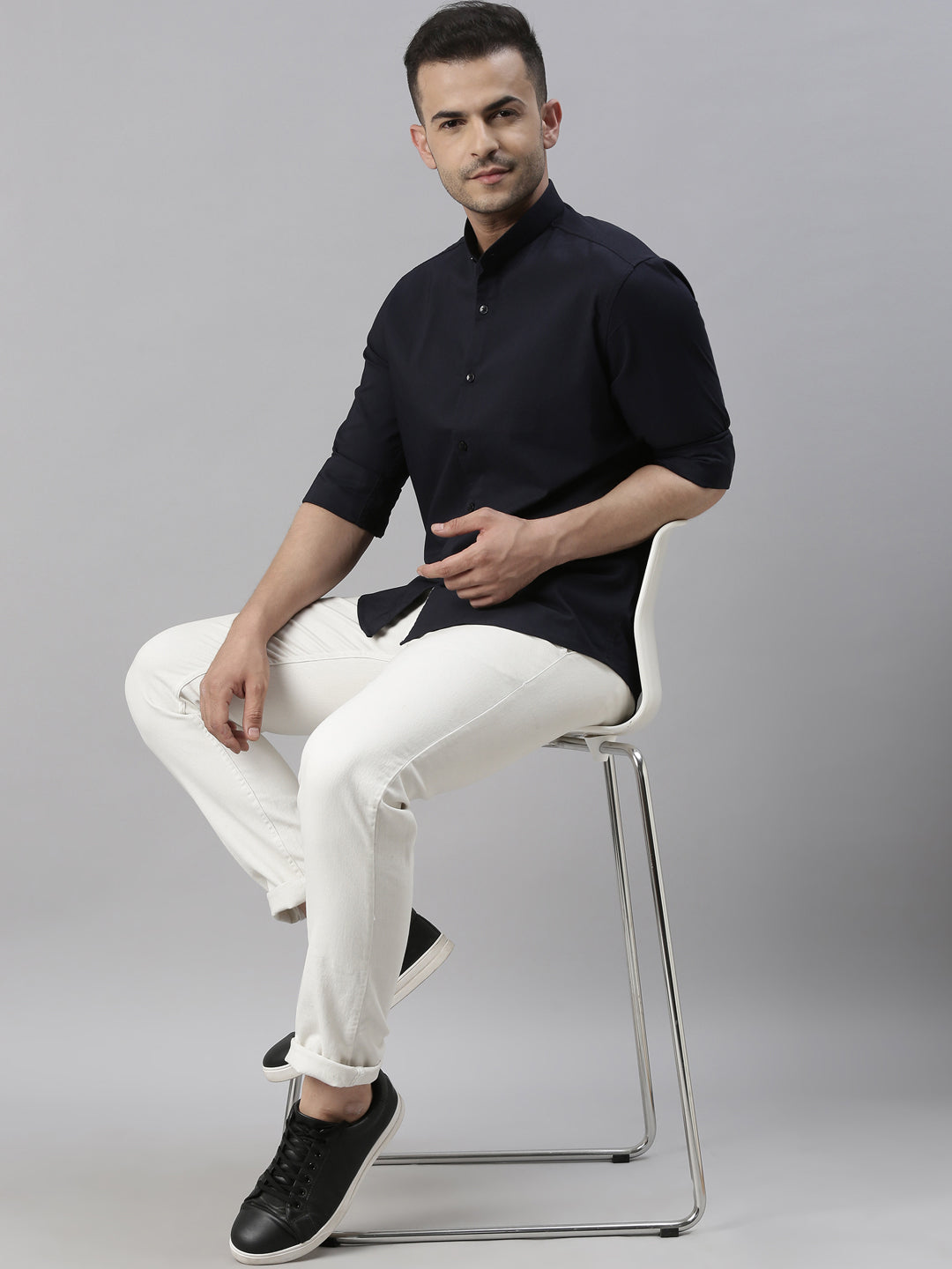 Navy Blue Chinese Collar Casual Shirt Solid Shirt Bushirt