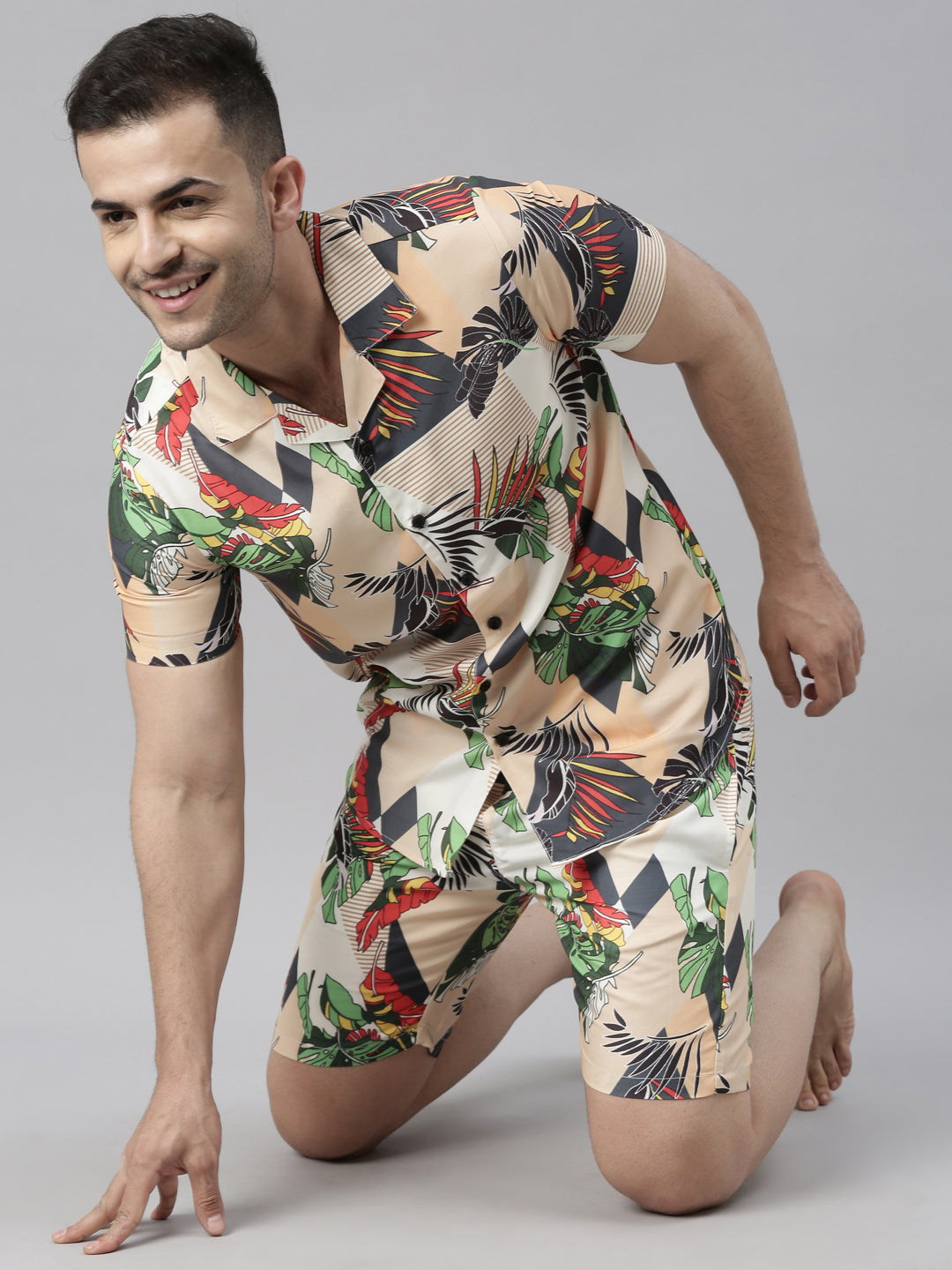 All Over Printed Beige Night Suits Co-Ords Bushirt