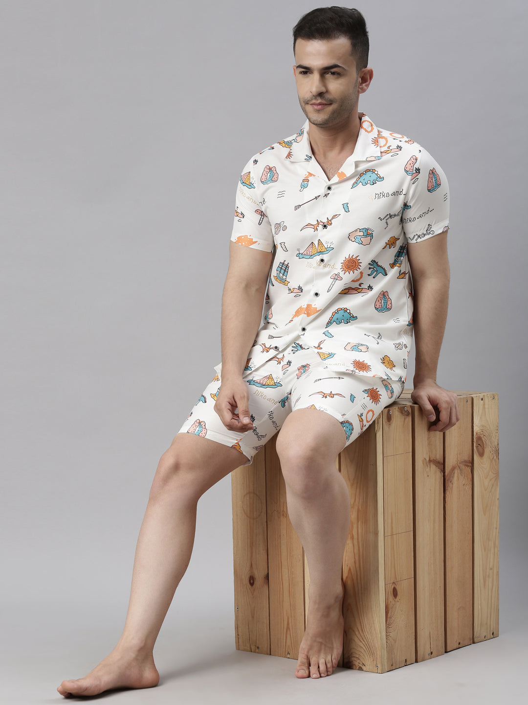 Funny Cartoon White Cream Night Suits Co-Ords Bushirt
