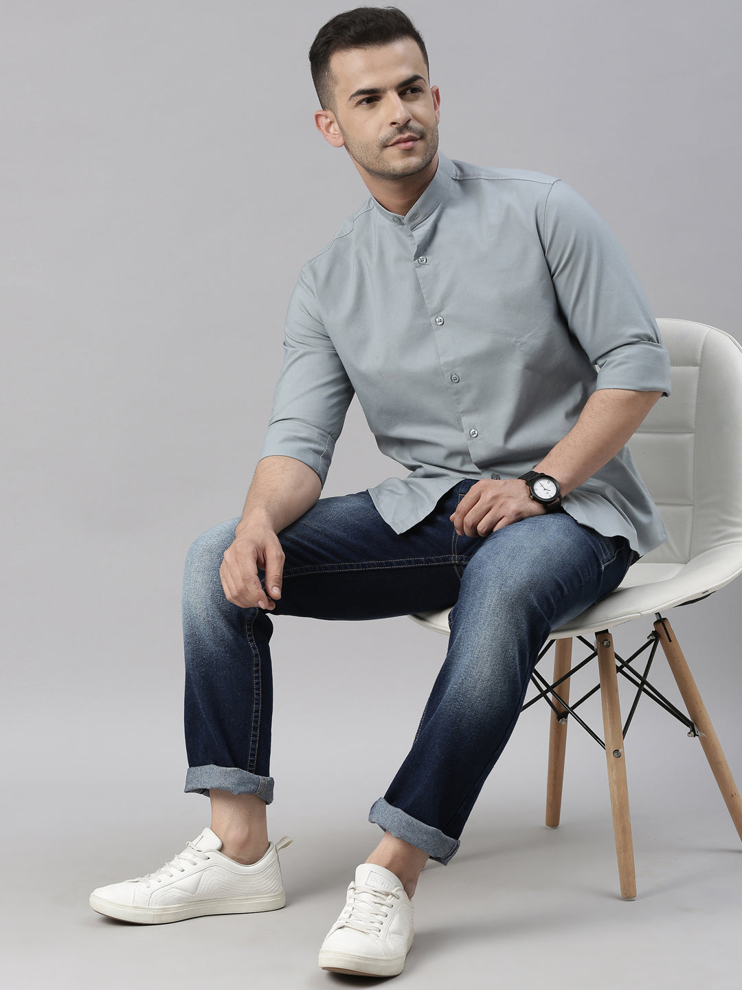 Steel Blue Chinese Collar Casual Shirt Solid Shirt Bushirt
