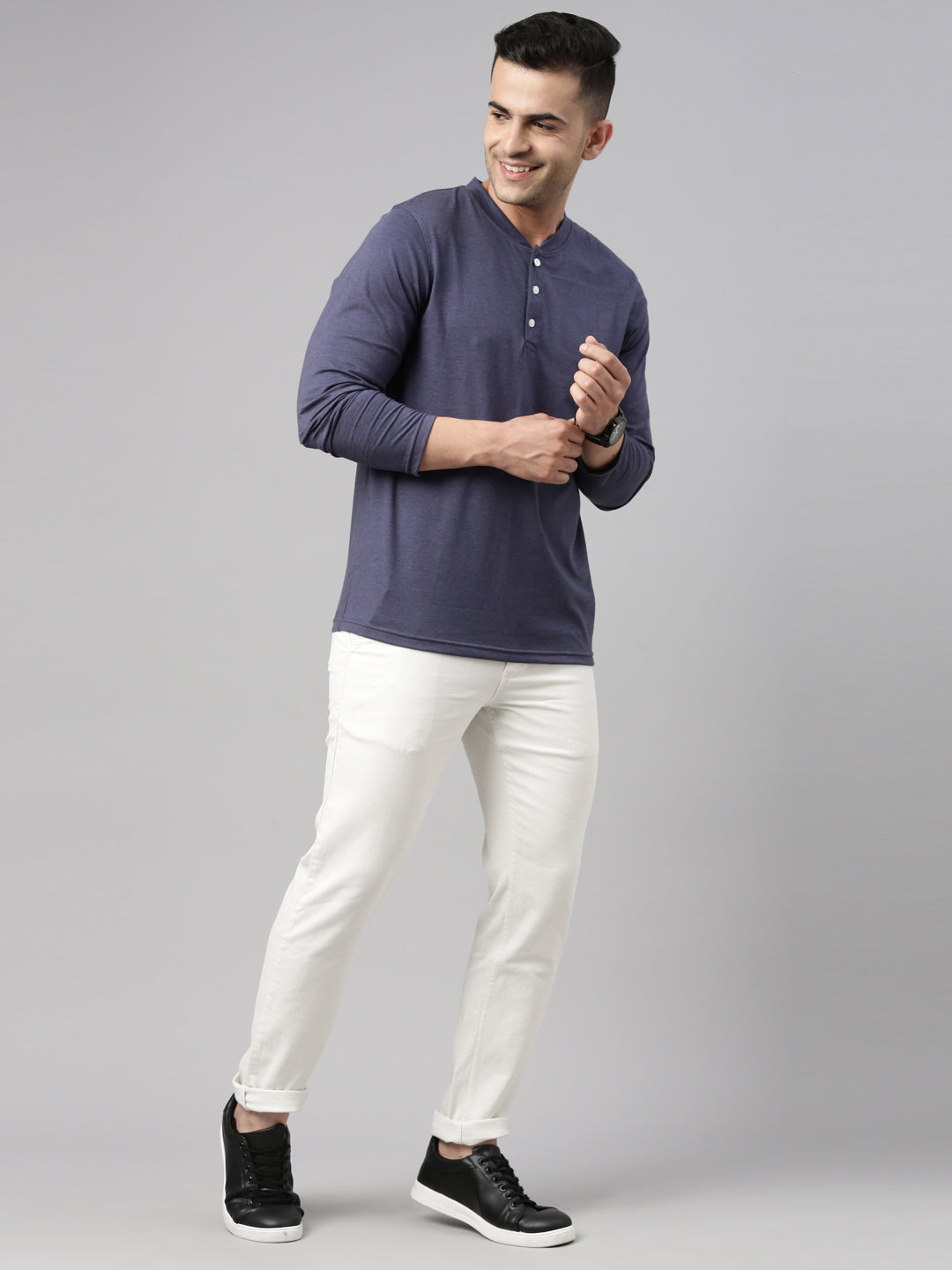 Denim Blue Full Sleeves Henley T Shirt Full Sleeves Bushirt