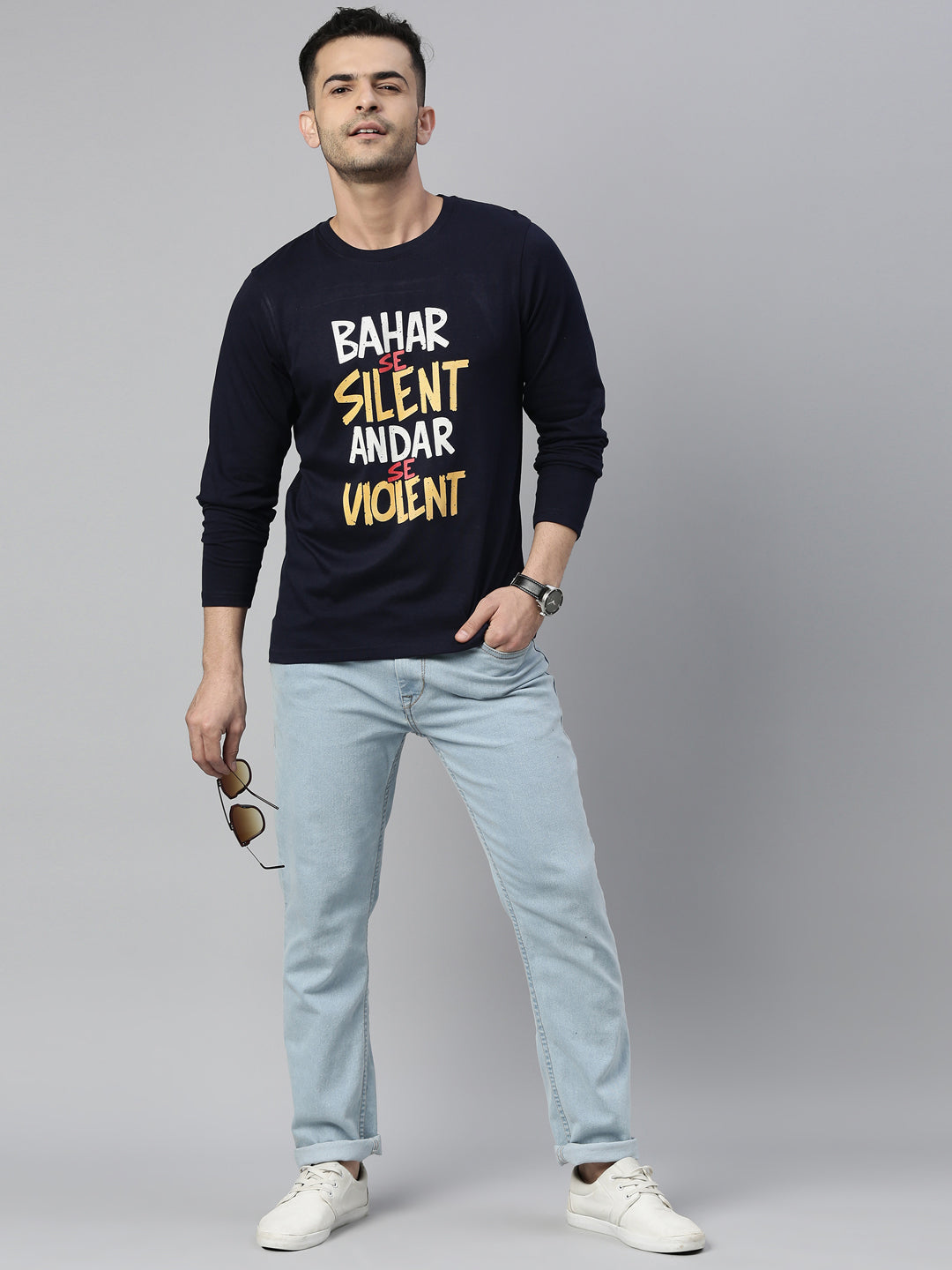 Bahar Se Silent Navy Blue Full Sleeves T Shirt Full Sleeves Bushirt