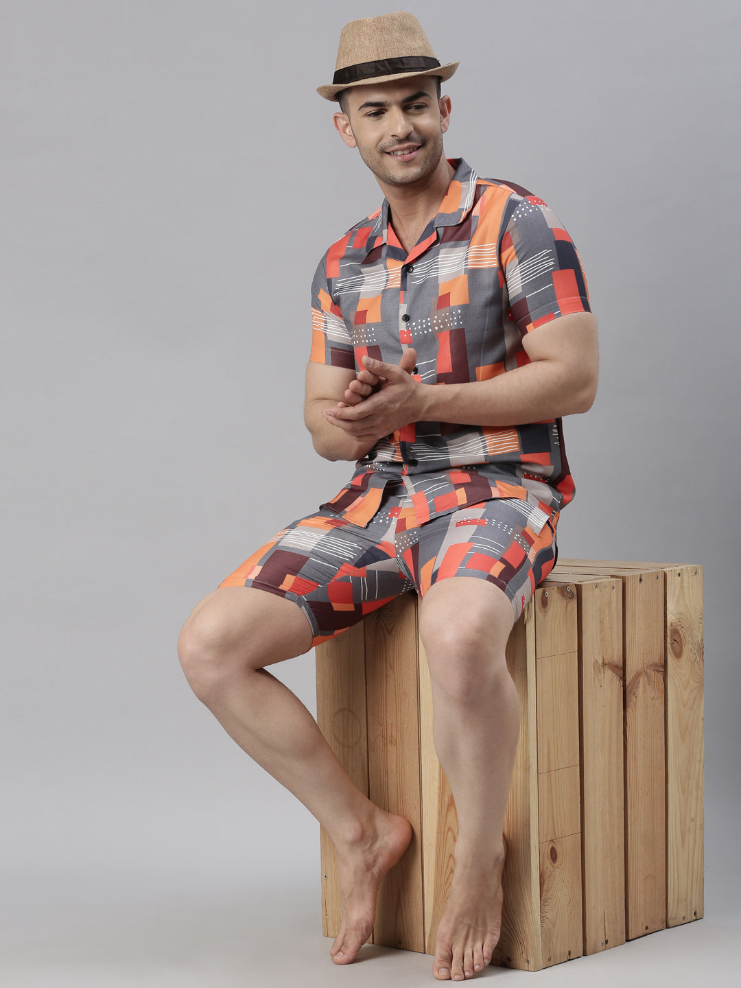 Geometric Grey Night Suits Co-Ords Bushirt