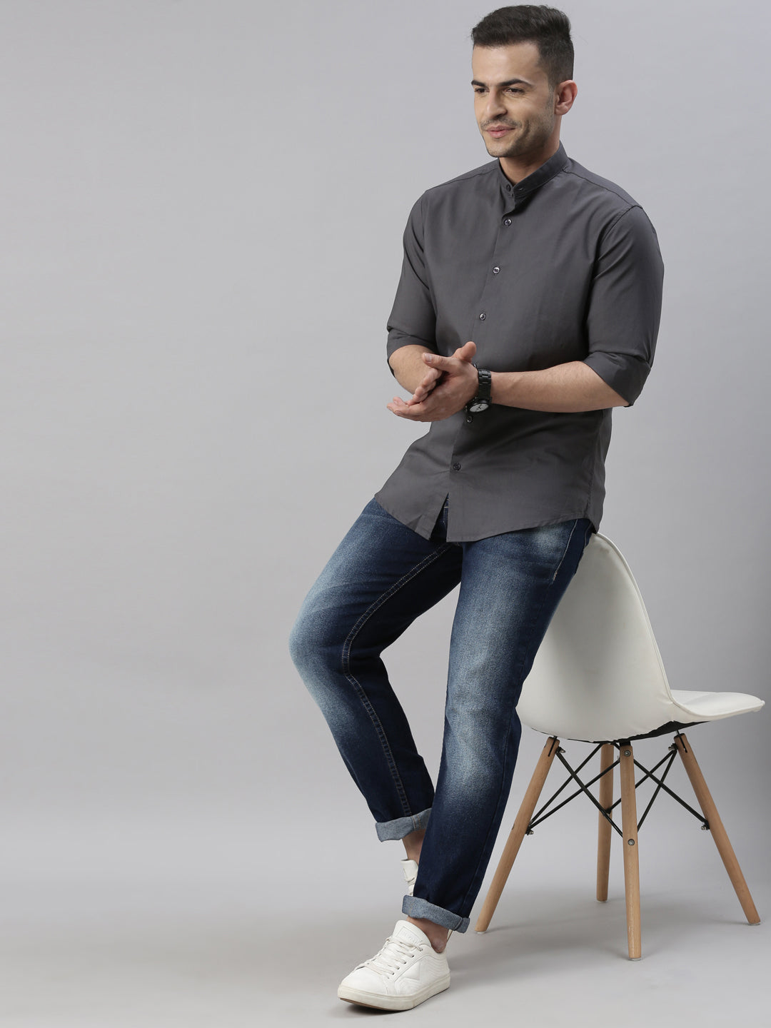 Steel Grey Chinese Collar Casual Shirt Solid Shirt Bushirt