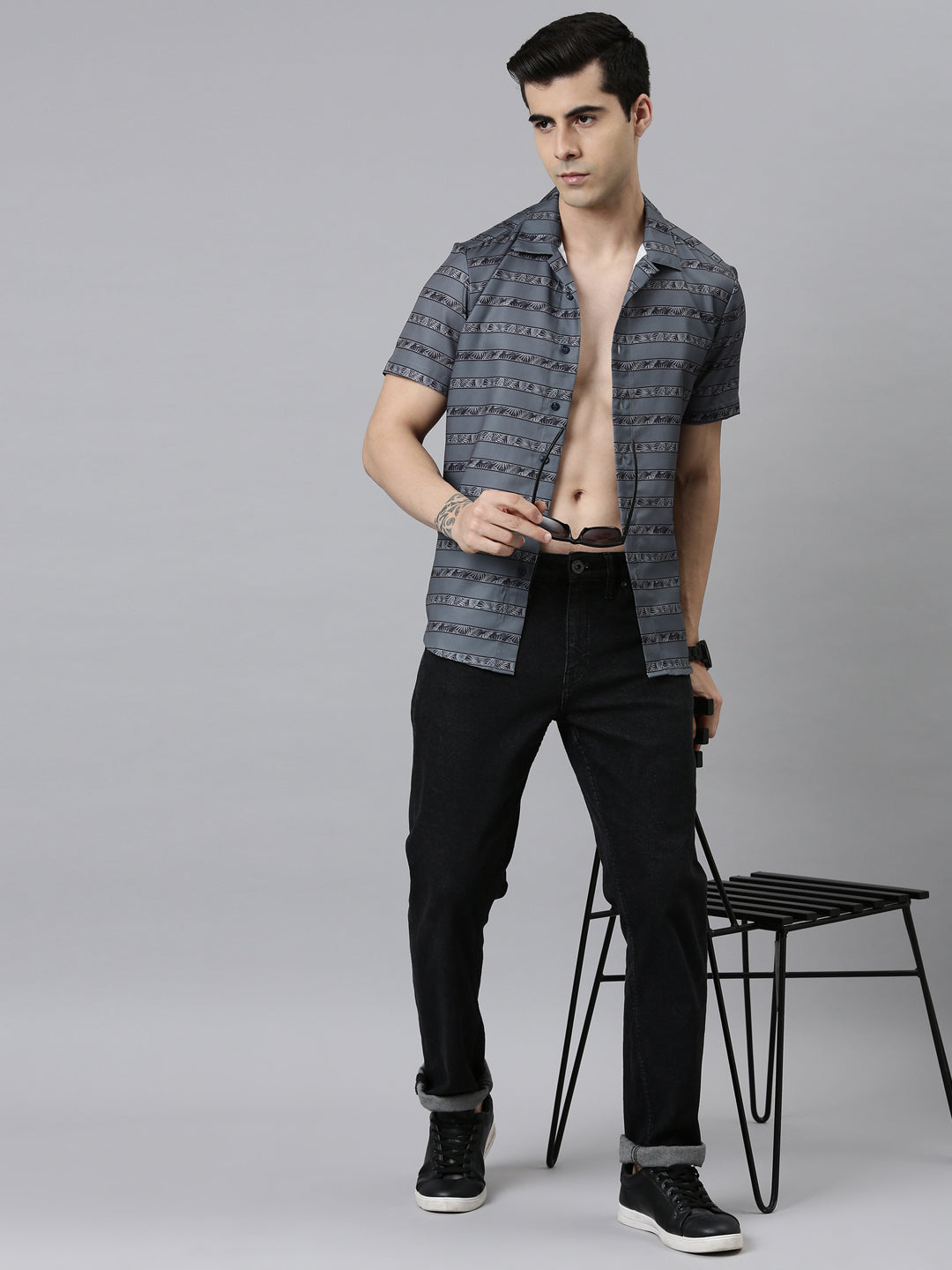 Printed Sage Grey Strips Shirt Printed Shirt Bushirt