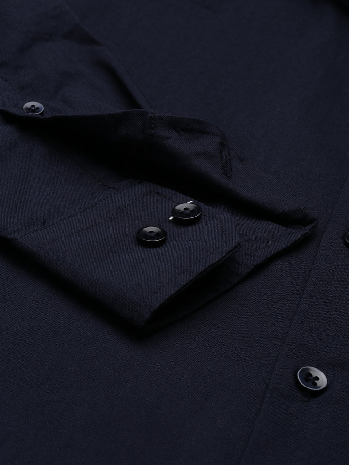 Navy Blue Chinese Collar Casual Shirt Solid Shirt Bushirt