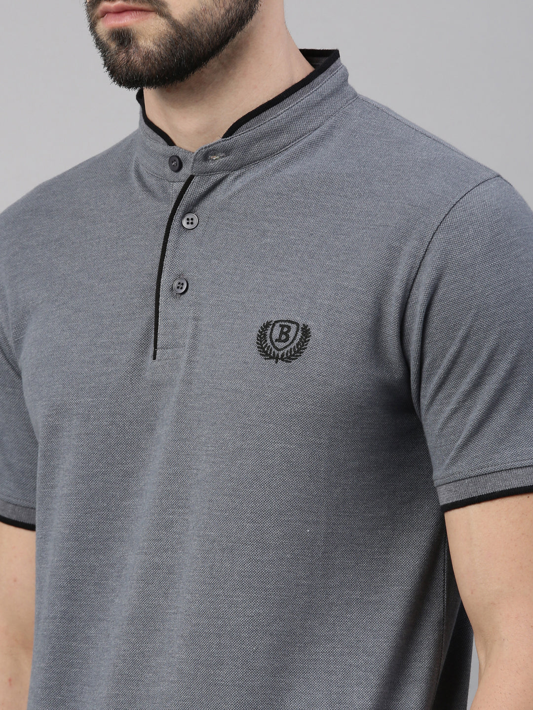 Grey Mélange Chinese Collar Polo T-Shirt Polo Tees Bushirt