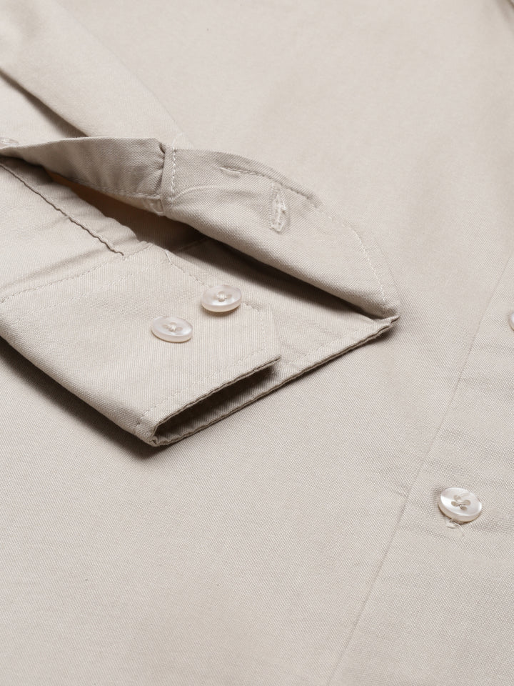 Beige Chinese Collar Casual Shirt Solid Shirt Bushirt