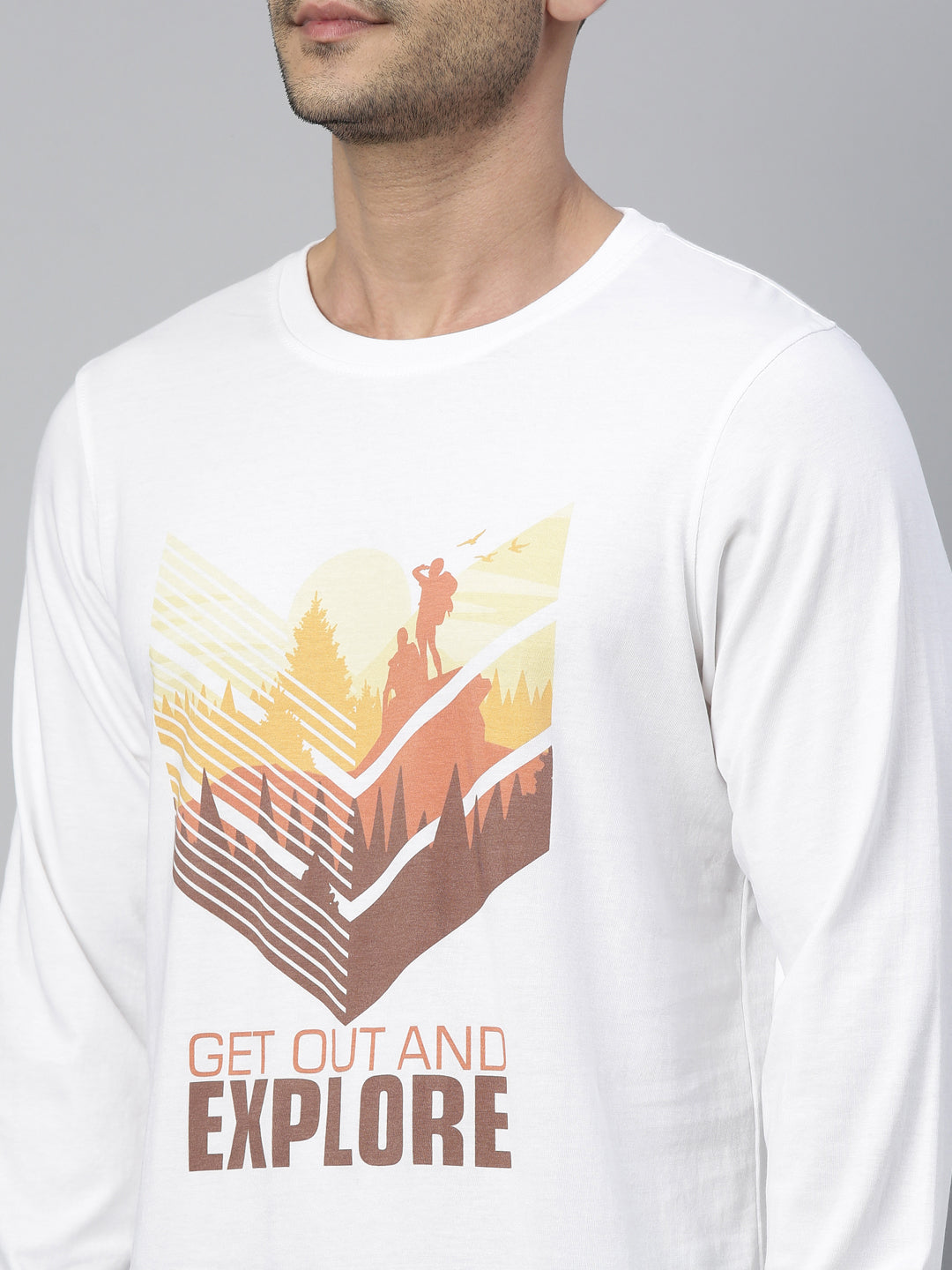 Get Out & Explore White Full Sleeves T Shirt Full Sleeves Bushirt