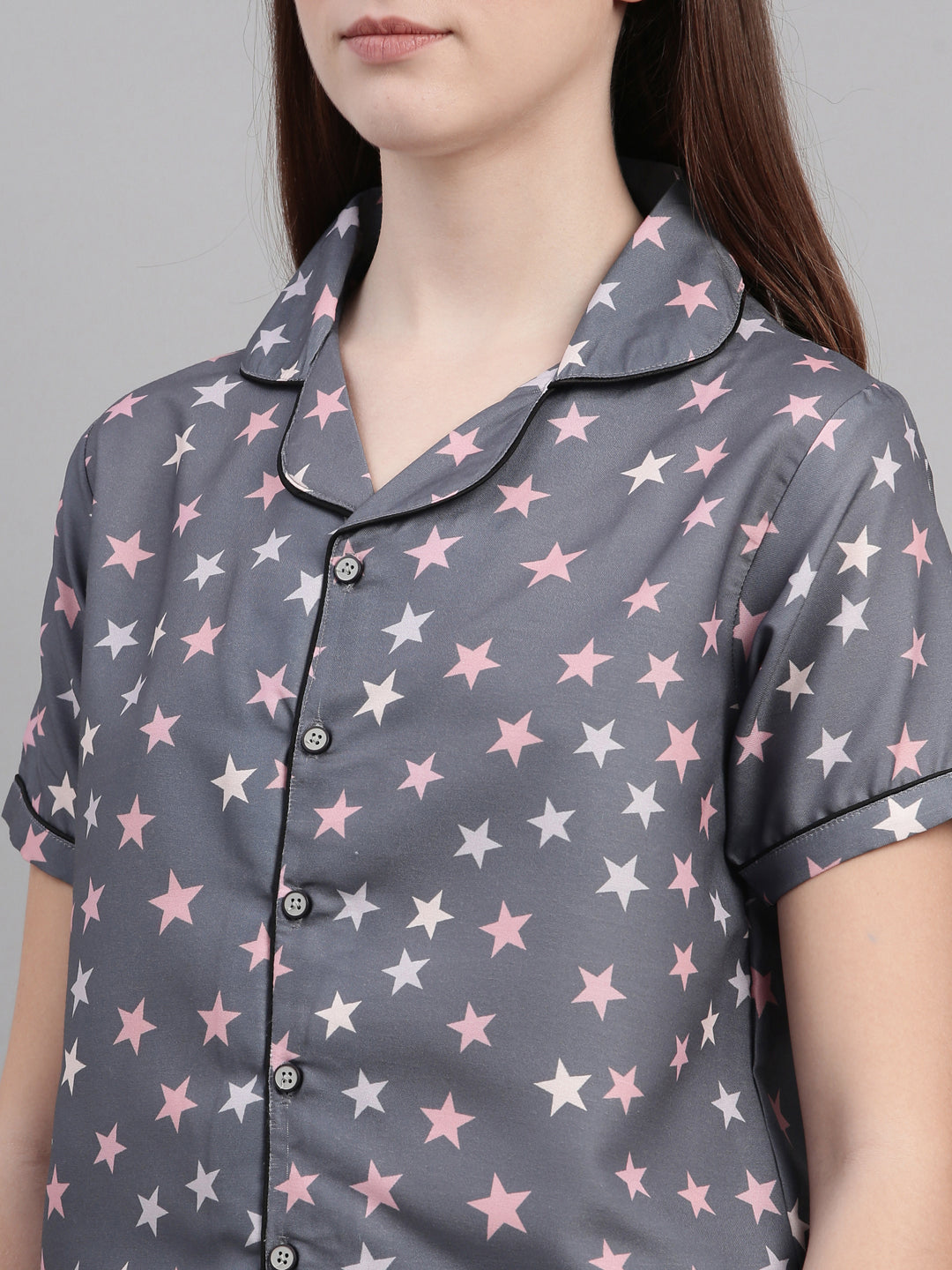 Stars Grey Pink Women's Night Suits Women's Night Suit Bushirt