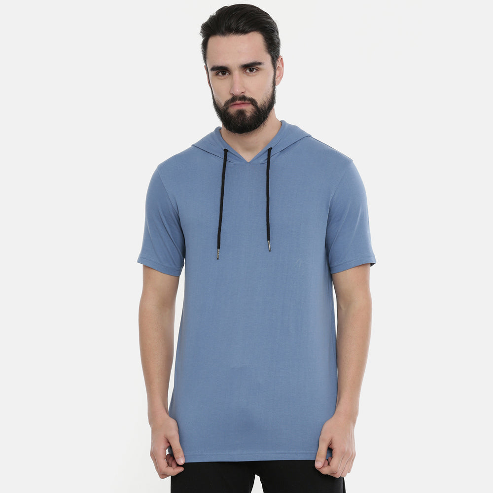 Turquoise Blue Half Sleeves Hoodies Hoodies Bushirt