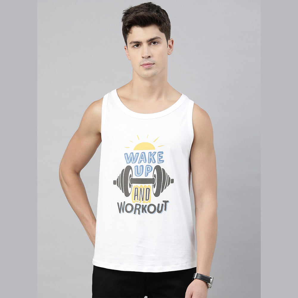 Wake Up & Work Out White Sleeveless T-Shirt Vest Bushirt