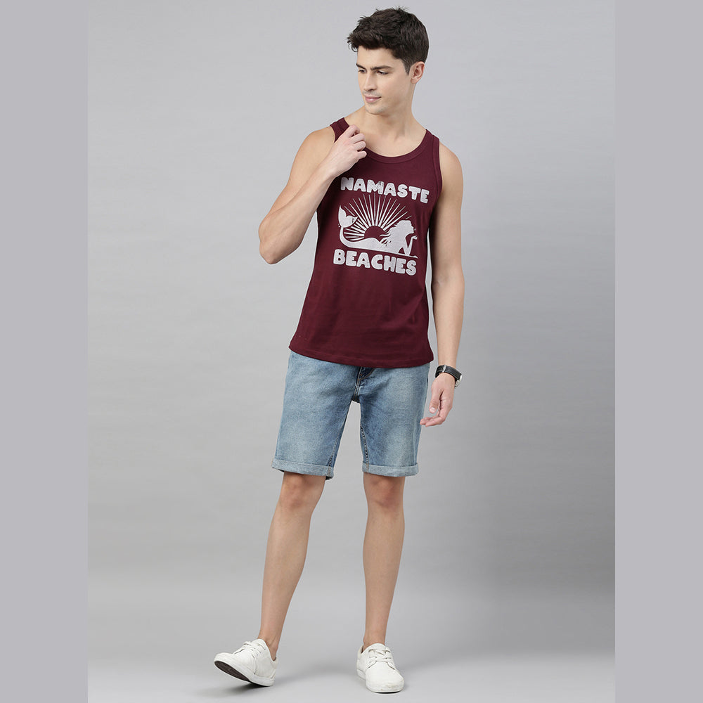 Namaste Beaches Maroon Sleeveless T-Shirt Vest Bushirt
