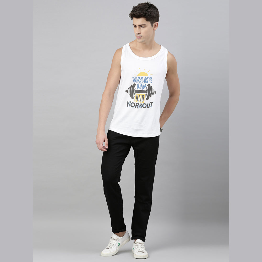 Wake Up & Work Out White Sleeveless T-Shirt Vest Bushirt