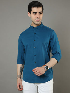 Mao Collar Teal Solid Shirt Printed Shirt Bushirt   