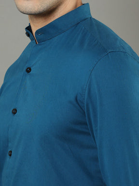 Mao Collar Teal Solid Shirt Printed Shirt Bushirt   