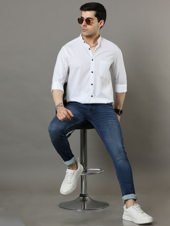 Mao Collar White Solid Shirt Solid Shirt Bushirt   