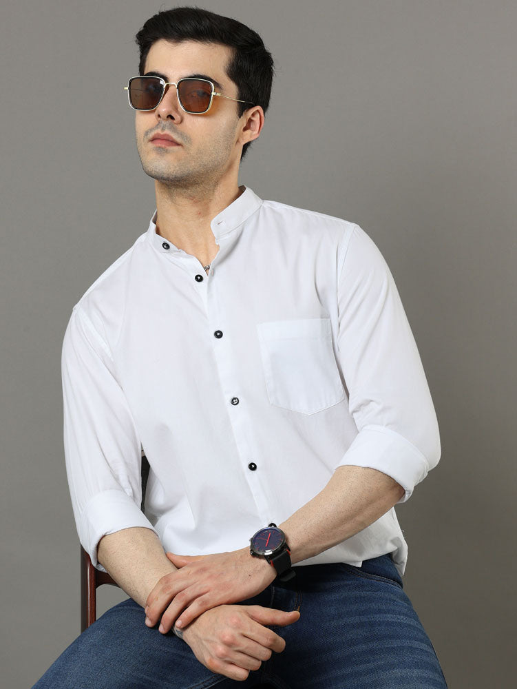 Mao Collar White Solid Shirt Solid Shirt Bushirt   