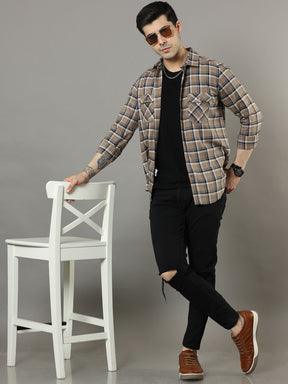 Cross Flap Camel Brown Check Shirt Checks Shirt Bushirt   