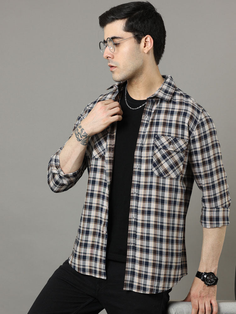 Cross Flap Brown Check Shirt Checks Shirt Bushirt   