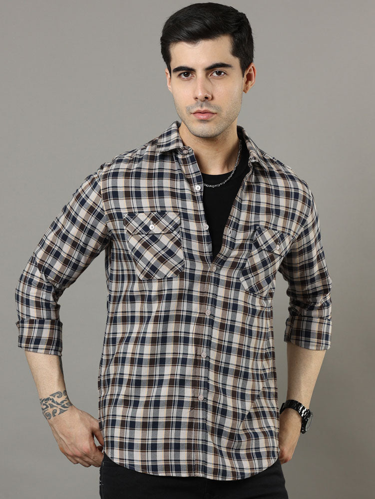 Cross Flap Brown Check Shirt Checks Shirt Bushirt   