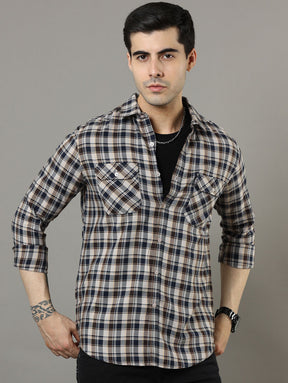 Cross Flap Brown Check Shirt Checks Shirt Bushirt   