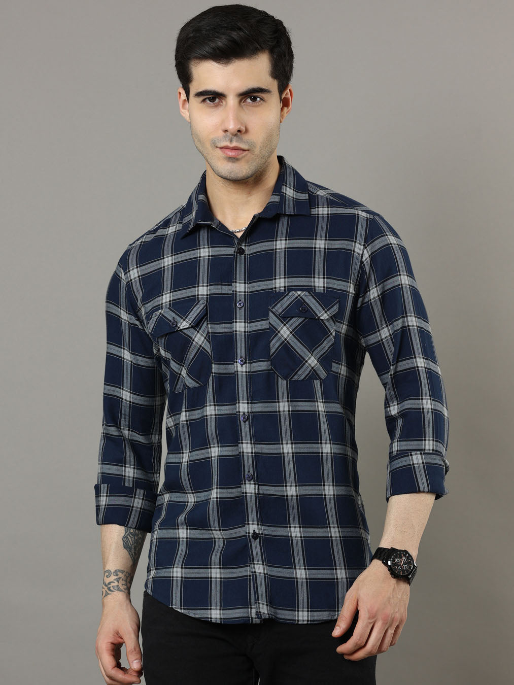 Cross Flap Blue Check Shirt Checks Shirt Bushirt   