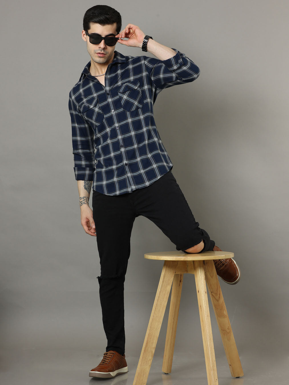 Cross Flap Blue Check Shirt Checks Shirt Bushirt   