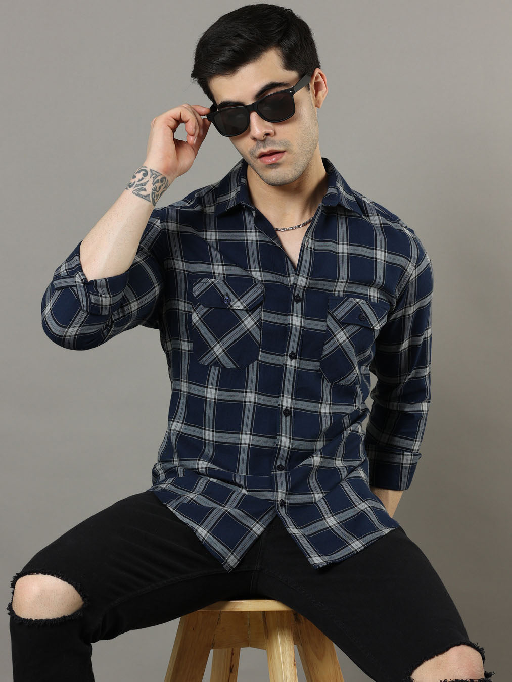 Cross Flap Blue Check Shirt Checks Shirt Bushirt   